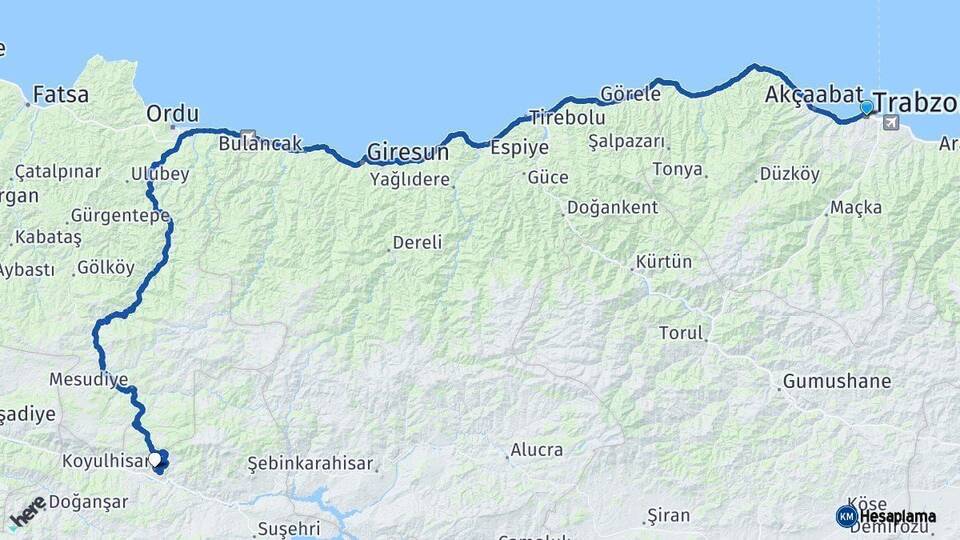 Trabzon Koyulhisar Sivas Arası Kaç Km - Yol Haritası