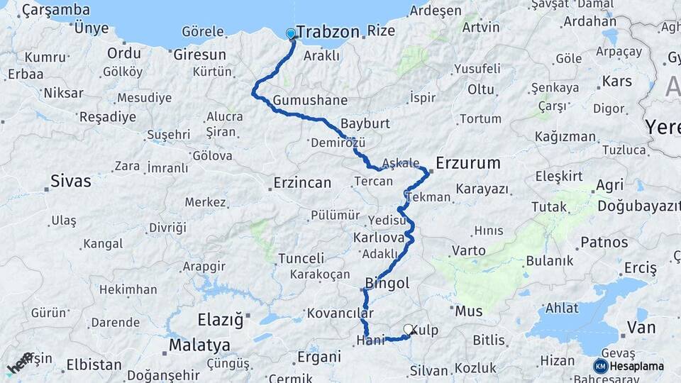 Trabzon Kulp Diyarbakır Arası Kaç Km - Yol Haritası