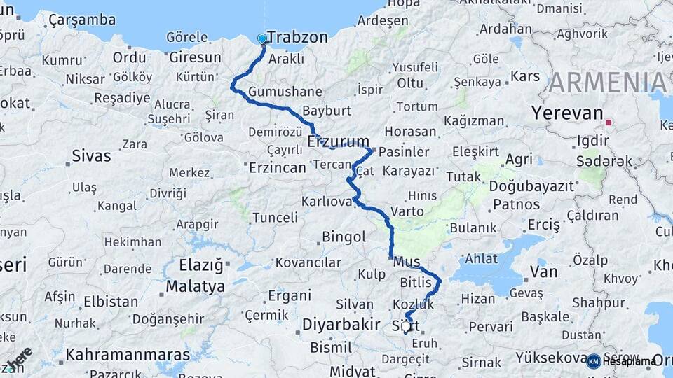 Trabzon Kurtalan Siirt Arası Kaç Km - Yol Haritası