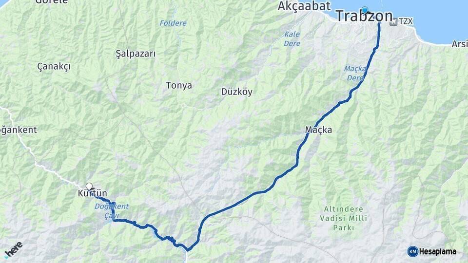 Trabzon Kürtün Gümüşhane Arası Kaç Km - Yol Haritası