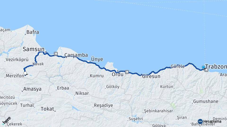 Trabzon Ladik Samsun Arası Kaç Km - Yol Haritası