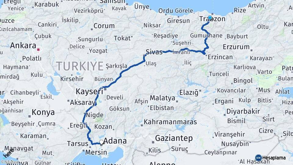 Trabzon Maçka Adana Arası Kaç Km - Yol Haritası