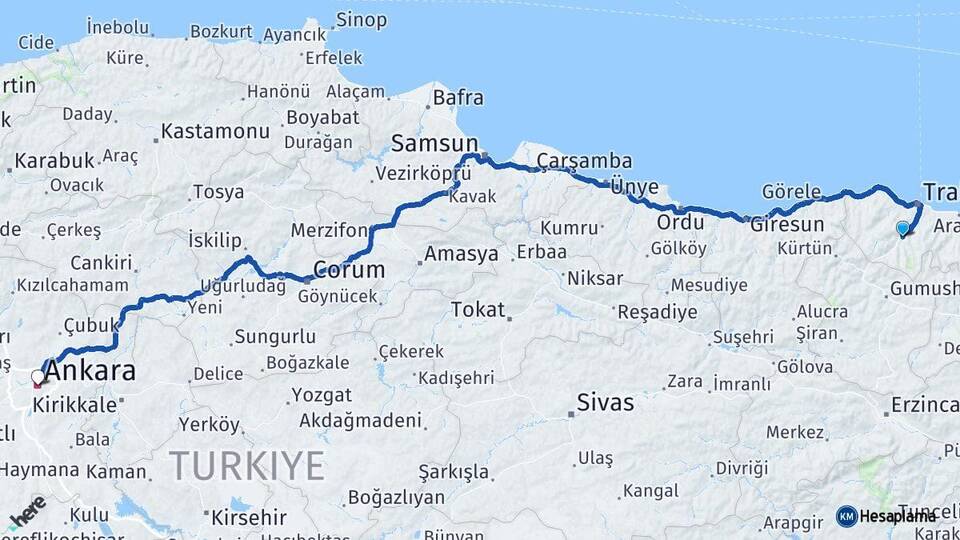 Trabzon Maçka Ankara Arası Kaç Km - Yol Haritası