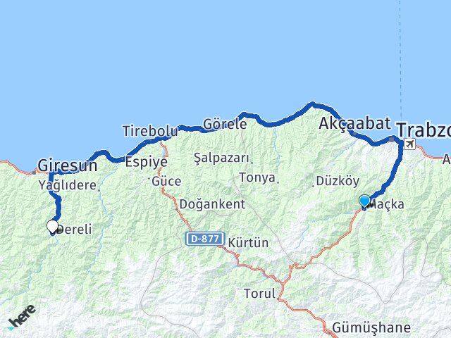 Trabzon Maçka Dereli Giresun Arası Kaç Km - Yol Haritası