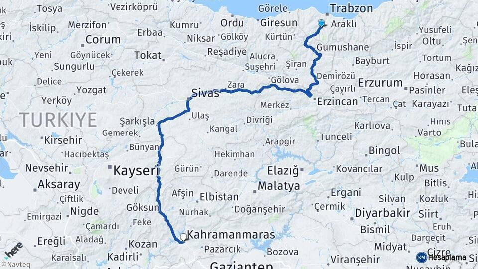 Trabzon Maçka Kahramanmaraş Arası Kaç Km - Yol Haritası