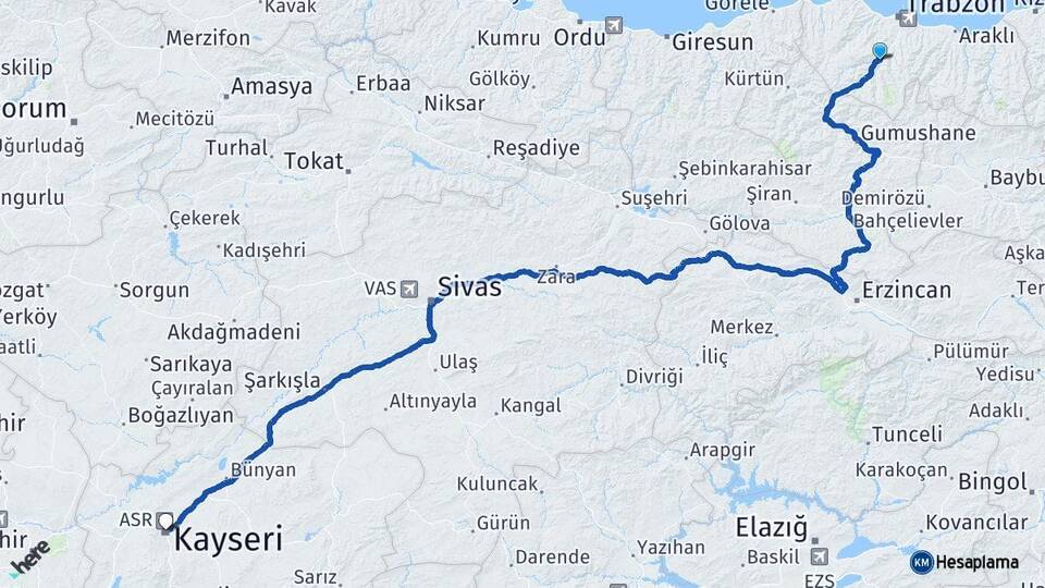 Trabzon Maçka Kayseri Arası Kaç Km - Yol Haritası
