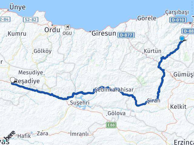 Trabzon Maçka Reşadiye Tokat Arası Kaç Km - Yol Haritası