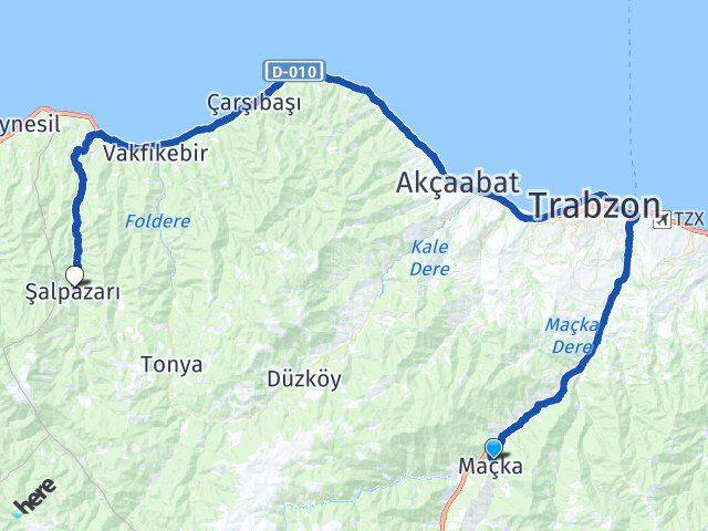 Trabzon Maçka Şalpazarı Arası Kaç Km - Yol Haritası