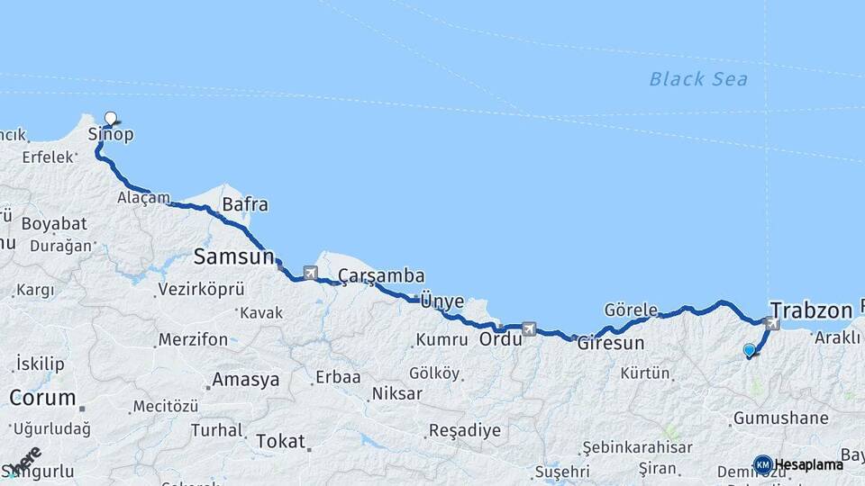 Trabzon Maçka Sinop Arası Kaç Km - Yol Haritası