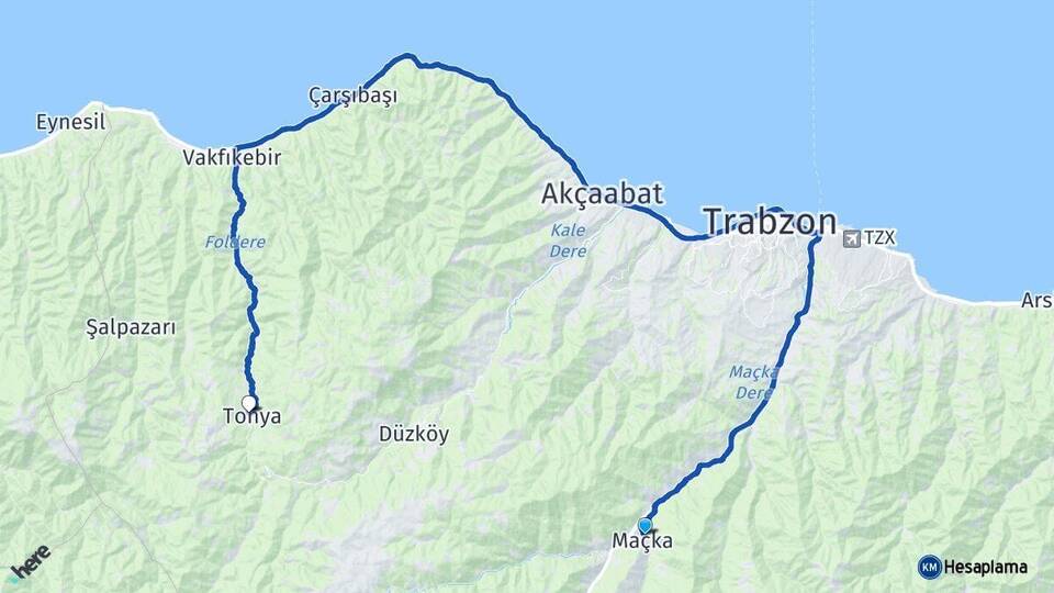 Trabzon Maçka Tonya Arası Kaç Km - Yol Haritası
