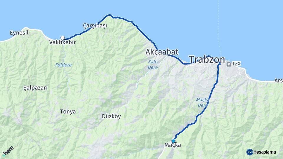 Trabzon Maçka Vakfıkebir Arası Kaç Km - Yol Haritası