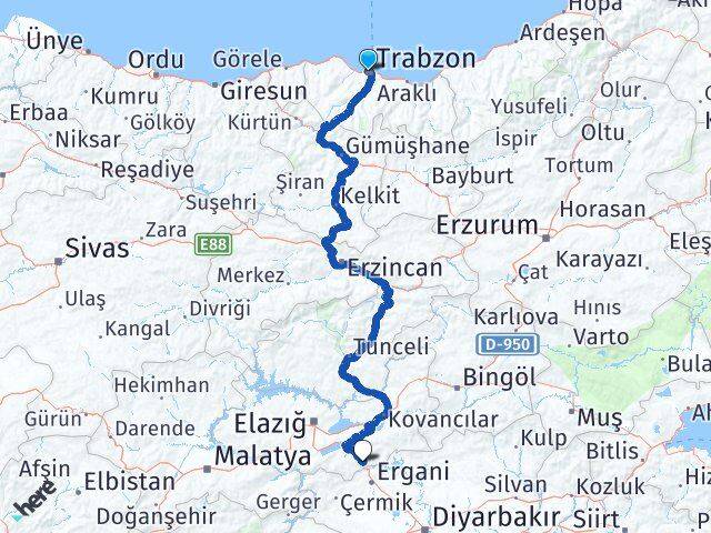 Trabzon Maden Elazığ Arası Kaç Km - Yol Haritası