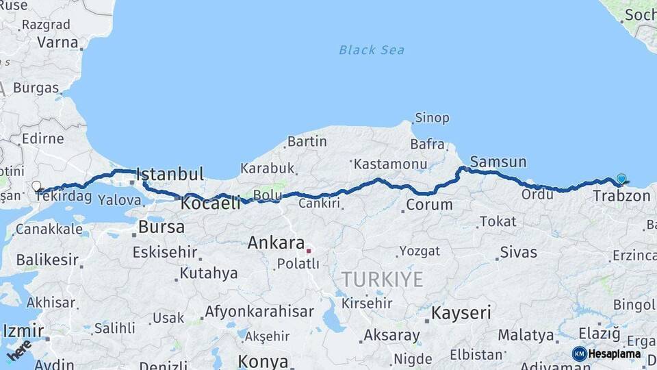 Trabzon Malkara Tekirdağ Arası Kaç Km - Yol Haritası