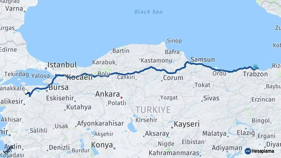 Trabzon Manyas Balıkesir Arası Kaç Km - Yol Haritası