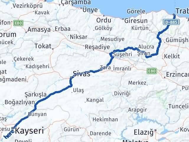Trabzon Melikgazi Kayseri Arası Kaç Km - Yol Haritası