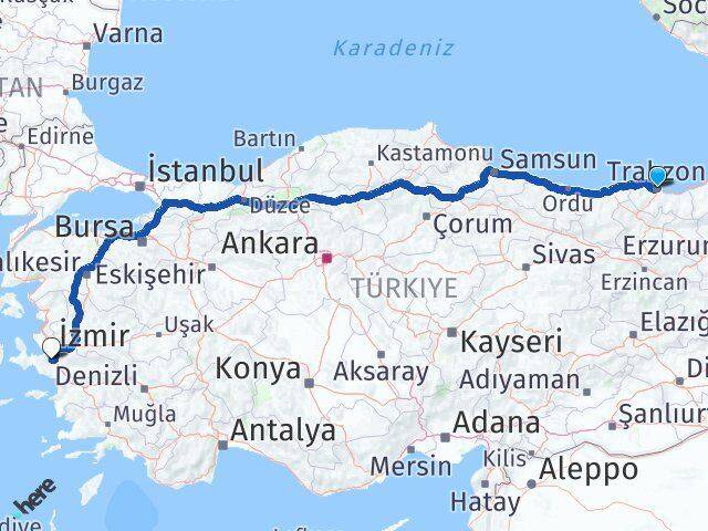 Trabzon Menderes İzmir Arası Kaç Km - Yol Haritası