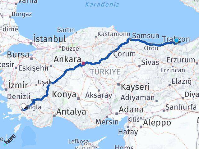 Trabzon Menteşe Muğla Arası Kaç Km - Yol Haritası