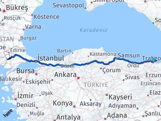 Trabzon Meriç Edirne Arası Kaç Km - Yol Haritası