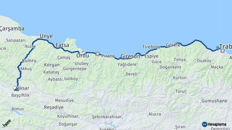 Trabzon Niksar Tokat Arası Kaç Km - Yol Haritası