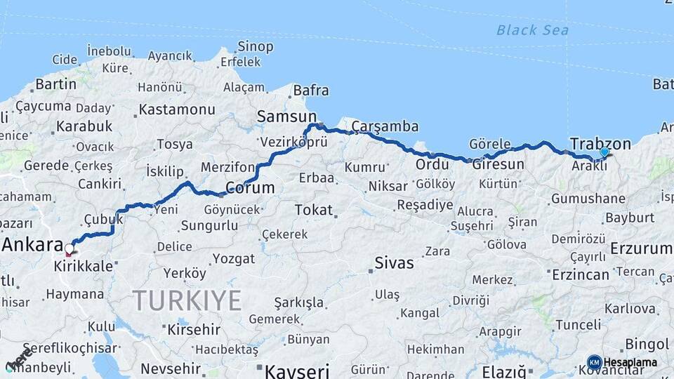 Trabzon Of Ankara Arası Kaç Km - Yol Haritası