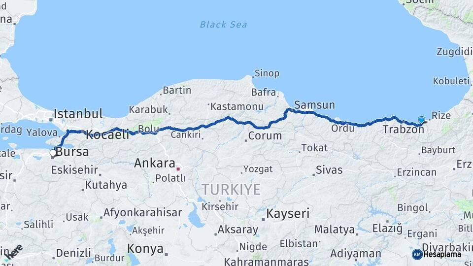 Trabzon Of Bursa Arası Kaç Km - Yol Haritası