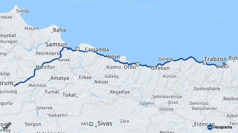 Trabzon Of Çorum Arası Kaç Km - Yol Haritası