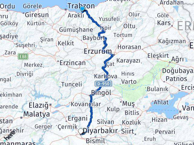 Trabzon Of Diyarbakır Arası Kaç Km - Yol Haritası
