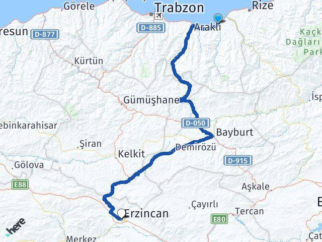 Trabzon Of Erzincan Arası Kaç Km - Yol Haritası