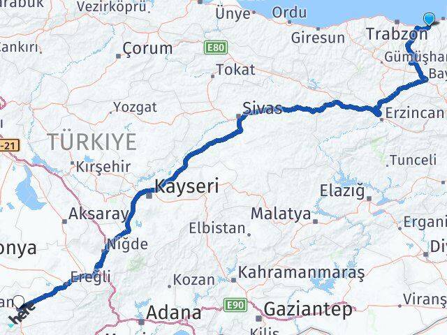 Trabzon Of Karaman Arası Kaç Km - Yol Haritası