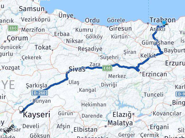 Trabzon Of Kayseri Arası Kaç Km - Yol Haritası