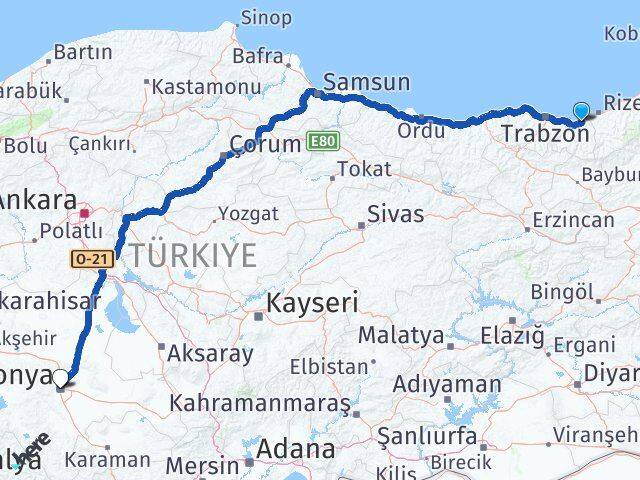 Trabzon Of Konya Arası Kaç Km - Yol Haritası