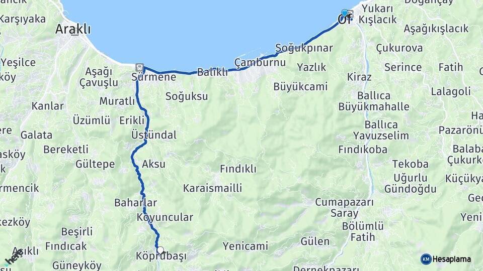 Trabzon Of Köprübaşı Arası Kaç Km - Yol Haritası