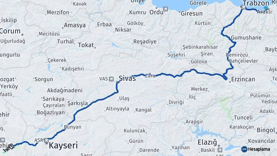 Trabzon Of Nevşehir Arası Kaç Km - Yol Haritası