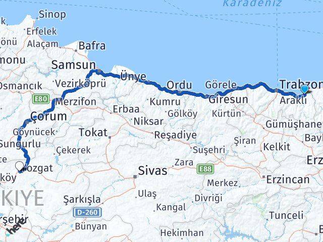 Trabzon Of Yozgat Arası Kaç Km - Yol Haritası