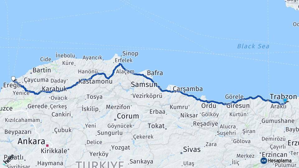 Trabzon Of Zonguldak Arası Kaç Km - Yol Haritası