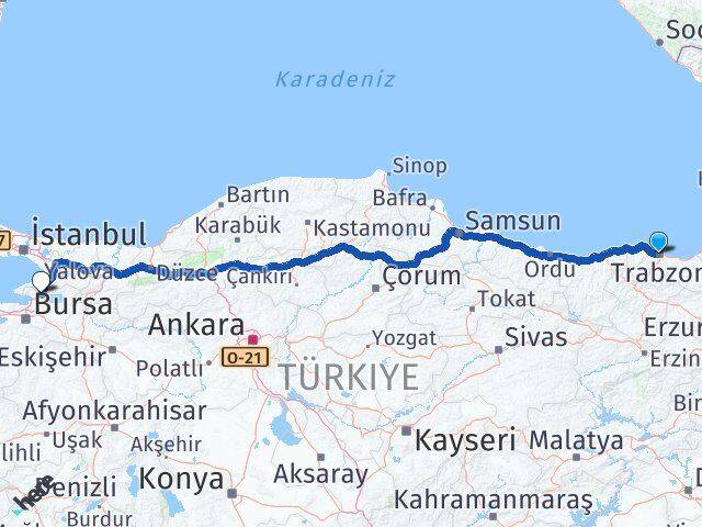 Trabzon Orhangazi Bursa Arası Kaç Km - Yol Haritası