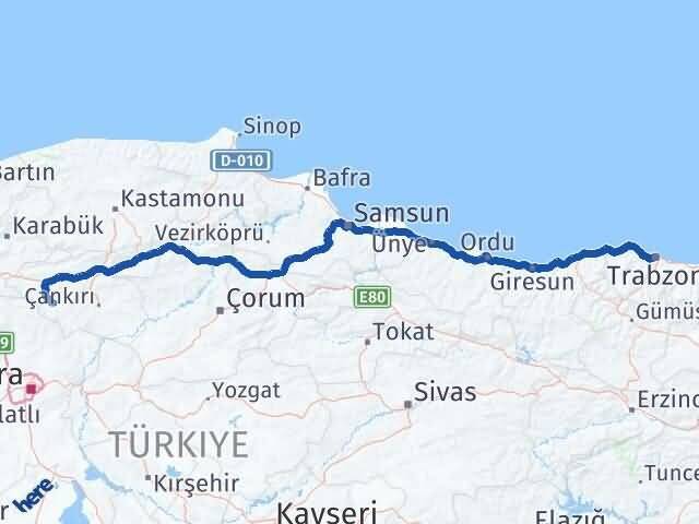 Trabzon Orta Çankırı Arası Kaç Km - Yol Haritası