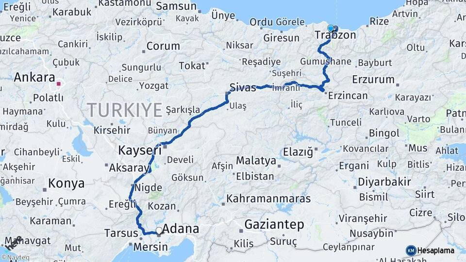 Trabzon Ortahisar Adana Arası Kaç Km - Yol Haritası