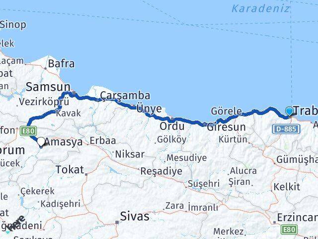 Trabzon Ortahisar Amasya Arası Kaç Km - Yol Haritası