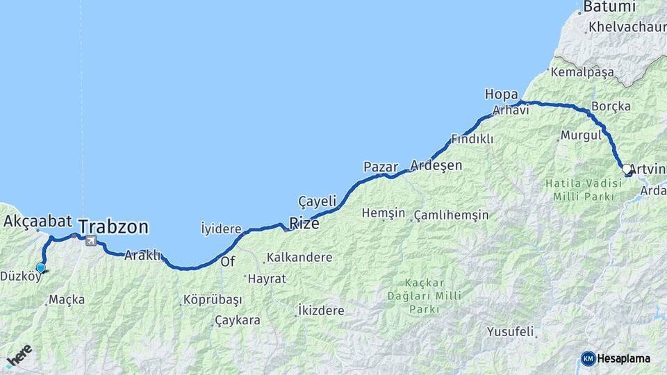 Trabzon Ortahisar Artvin Arası Kaç Km - Yol Haritası