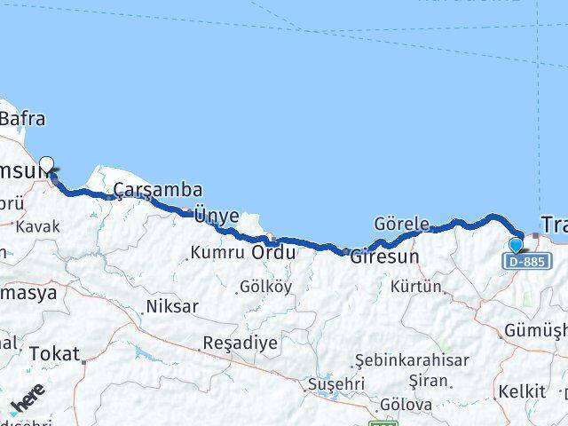 Trabzon Ortahisar Atakum Samsun Arası Kaç Km - Yol Haritası