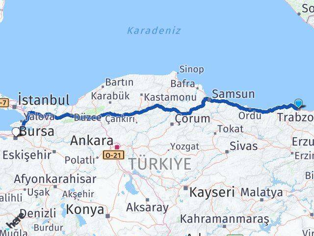 Trabzon Ortahisar Bursa Arası Kaç Km - Yol Haritası