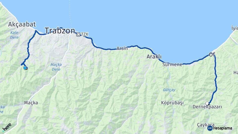 Trabzon Ortahisar Dernekpazarı Arası Kaç Km - Yol Haritası