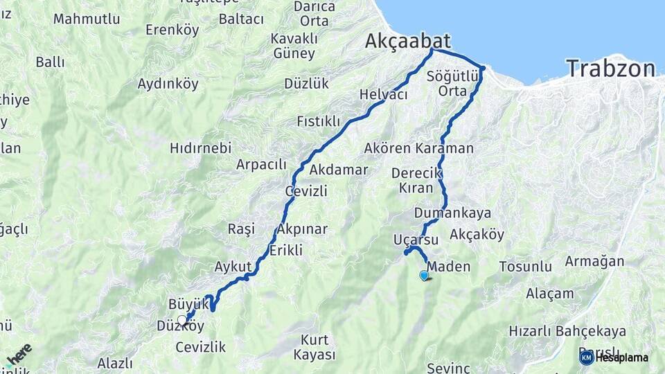 Trabzon Ortahisar Düzköy Arası Kaç Km - Yol Haritası