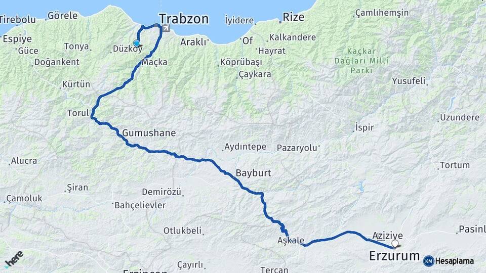 Trabzon Ortahisar Erzurum Arası Kaç Km - Yol Haritası