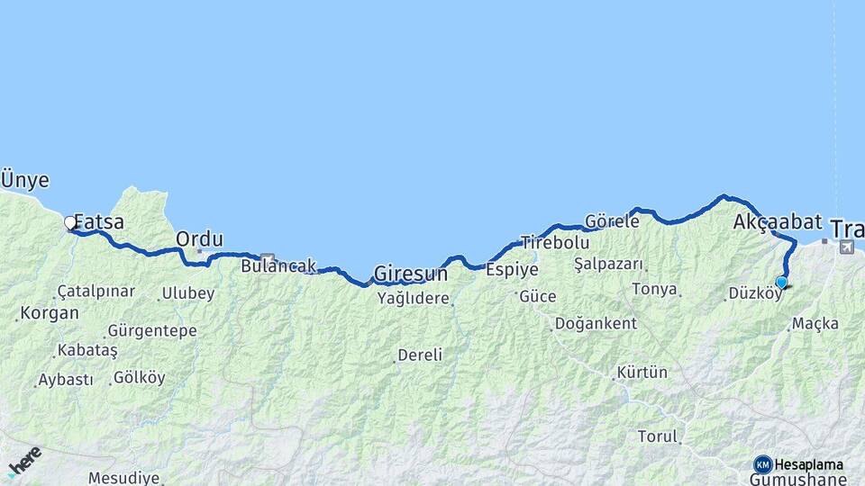 Trabzon Ortahisar Fatsa Ordu Arası Kaç Km - Yol Haritası