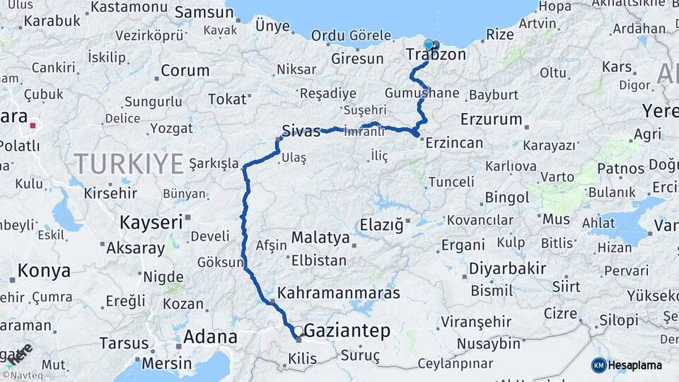 Trabzon Ortahisar Gaziantep Arası Kaç Km - Yol Haritası