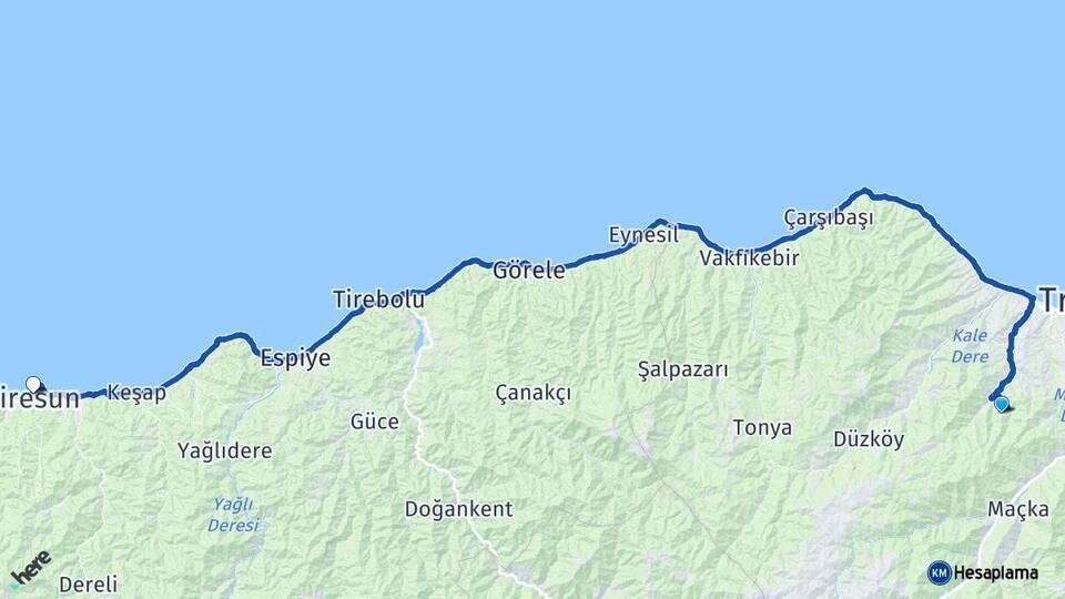 Trabzon Ortahisar Giresun Arası Kaç Km - Yol Haritası