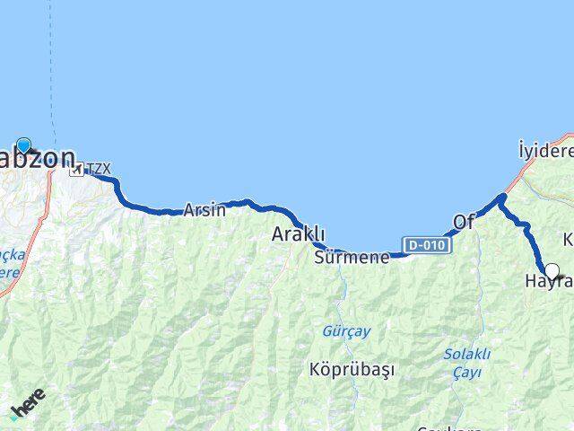 Trabzon Ortahisar Hayrat Arası Kaç Km - Yol Haritası