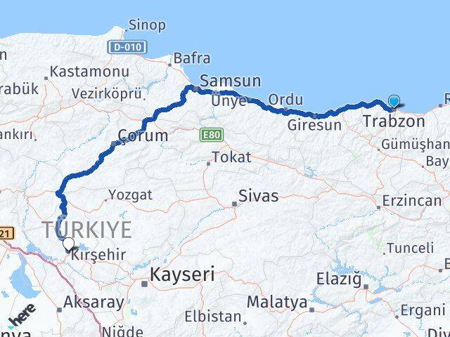 Trabzon Ortahisar Kırşehir Arası Kaç Km - Yol Haritası